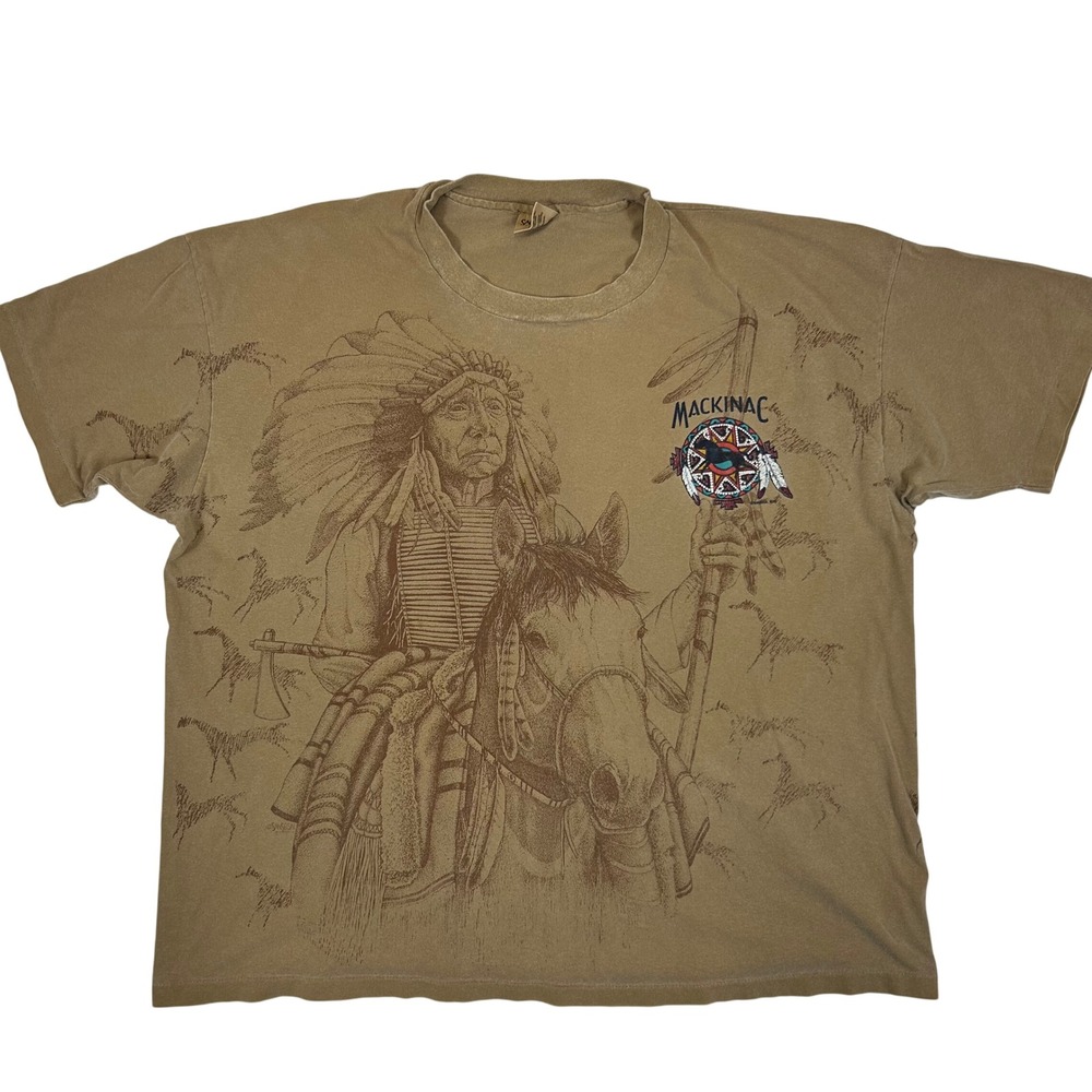 Vintage Sansegal Mackinac Native American Chief All Over Print T-Shirt Tan 2XL